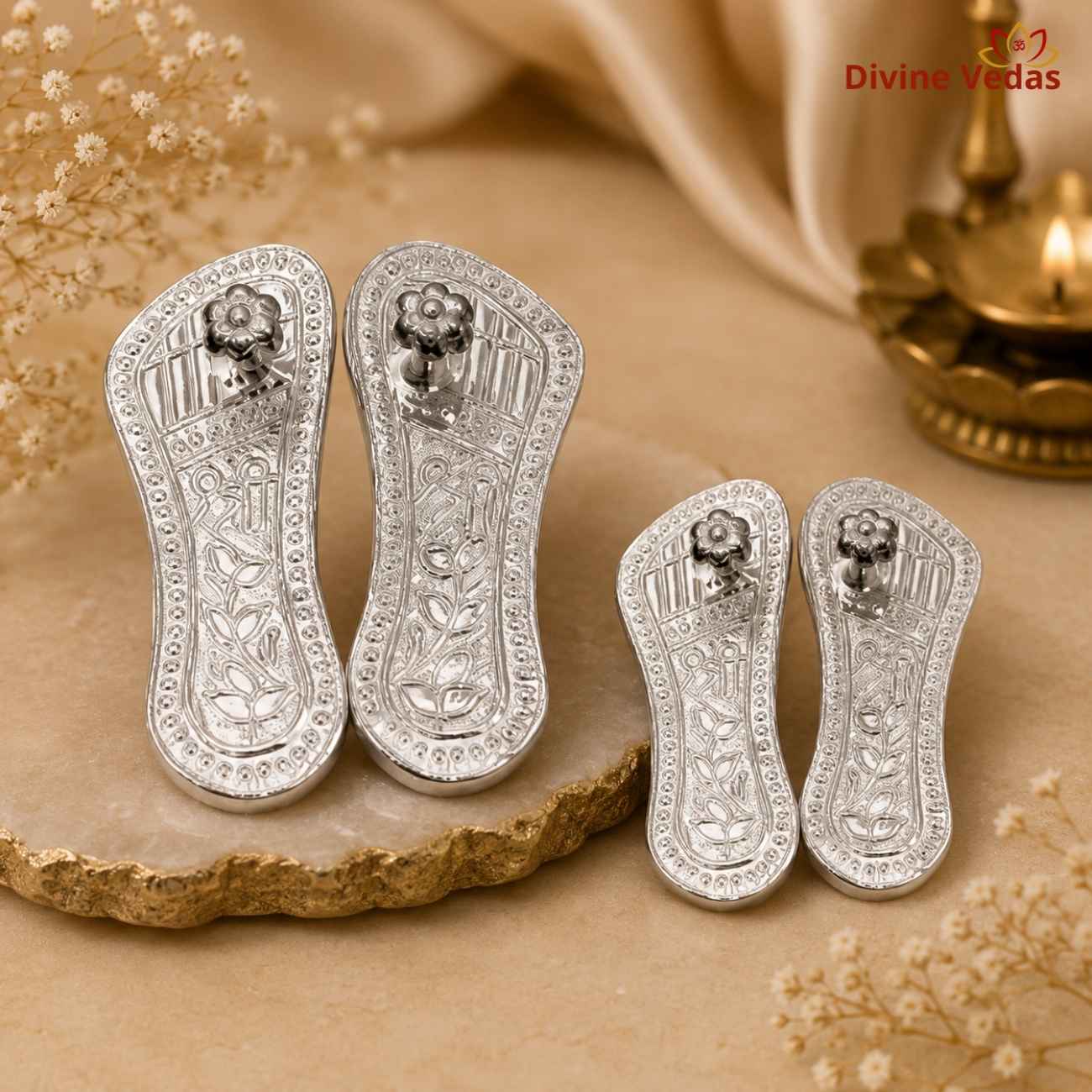 Big Shree Charan Paduka in Silver 5g | Silver Lakshmi Charan for Pooja | Divine Vedas