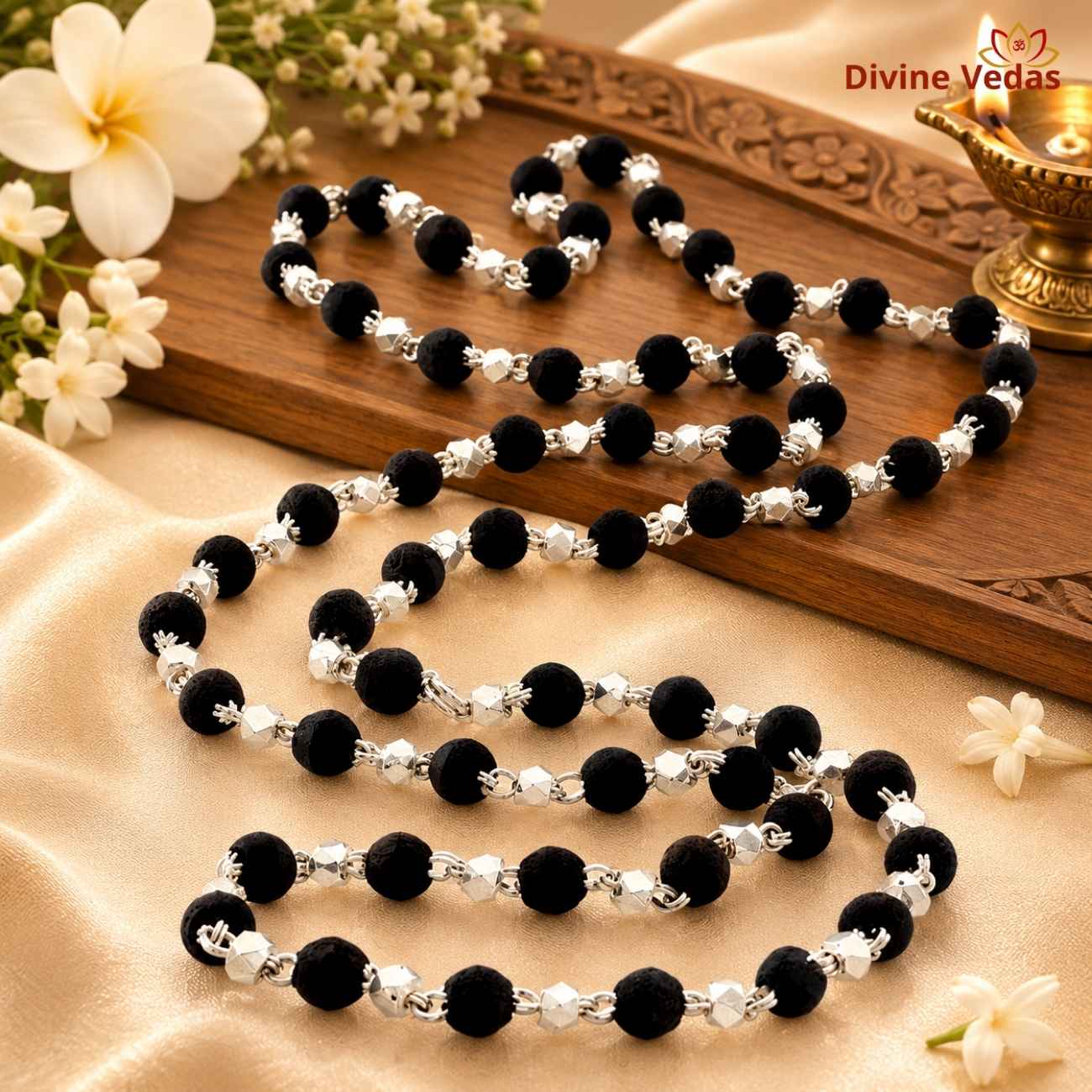 Black Tulsi Kanthi Mala with White Metal Caps | Krishna Vishnu Mala | Divine Vedas
