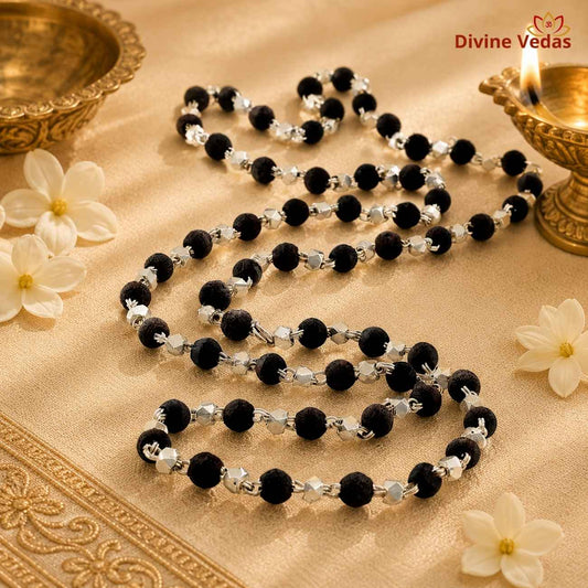 Black Tulsi Kanthi Mala with White Metal Caps | Krishna Vishnu Mala | Divine Vedas