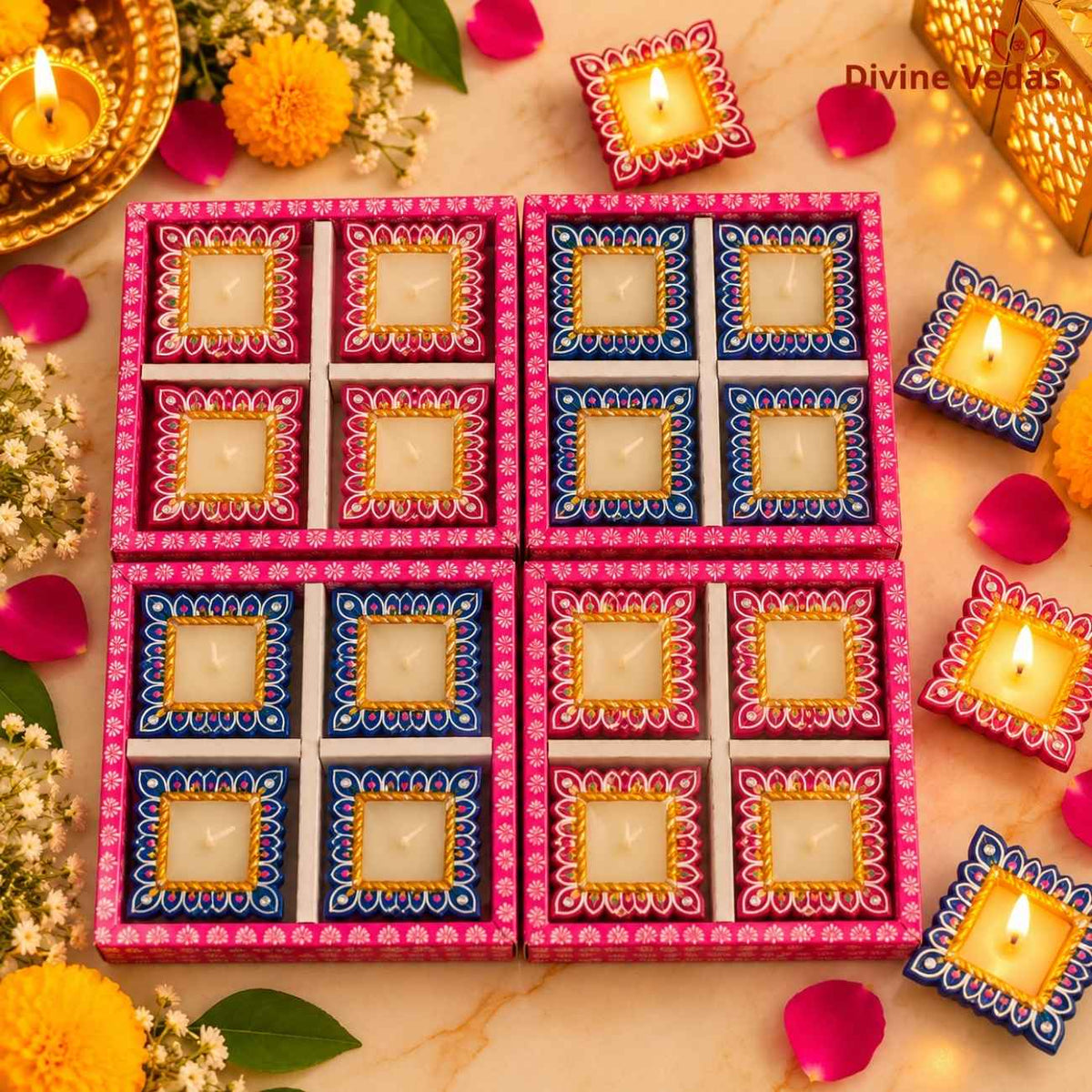 Big Size Square Wax Diya for Diwali & Pooja – Hand Painted Multicolor Decorative Diya