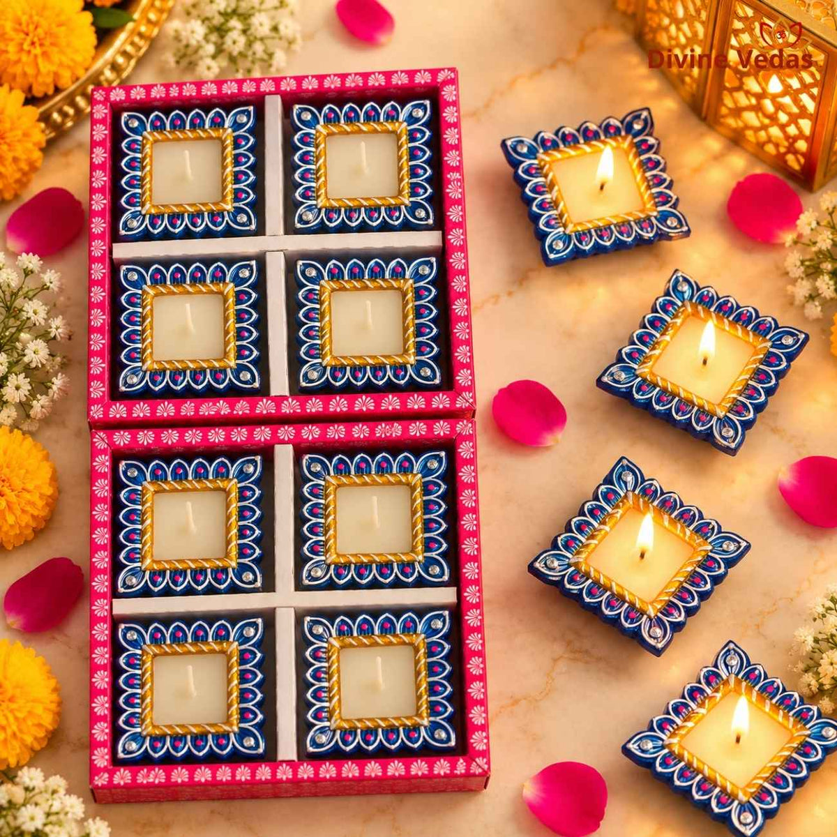 Big Size Square Wax Diya for Diwali & Pooja – Hand Painted Multicolor Decorative Diya
