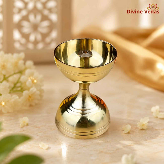 Brass Damru Diya Oil Lamp for Home & Office | Pooja Deepak | Divine Vedas