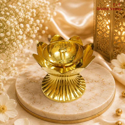 Brass Diya in Lotus Shape | Kamal Deepak for Pooja, Aarti & Diwali | Divine Vedas