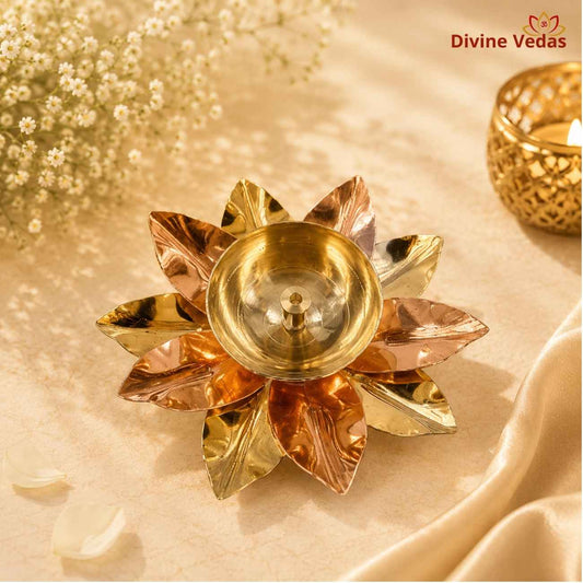 Brass Five Petal Flower Deepam Oil Lamp Diya for Pooja & Diwali | Divine Vedas