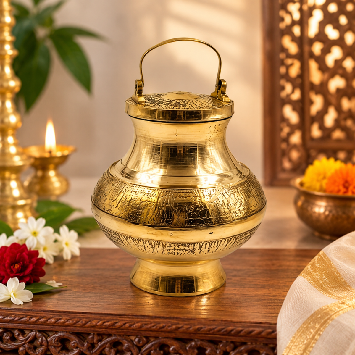Brass Kamandal Kamandalam with Handle for Pooja & Rituals | Divine Vedas