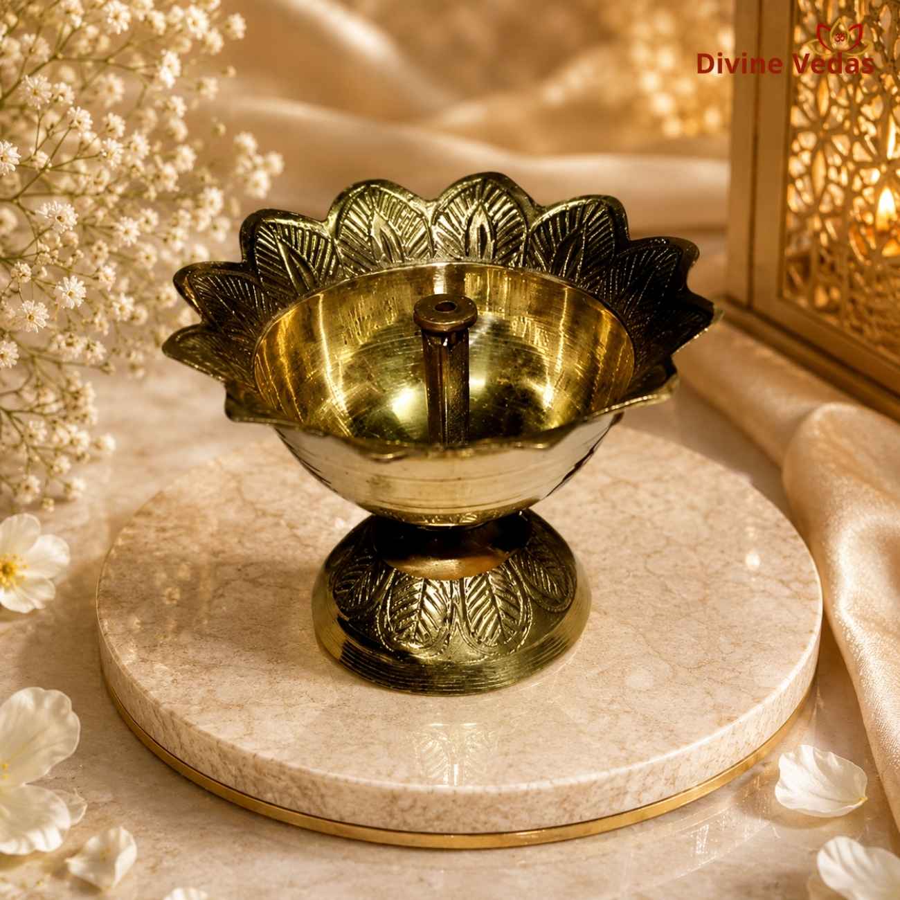 Brass Lotus Shape Devdas Diya | Traditional Brass Deepak for Pooja & Aarti | Divine Vedas