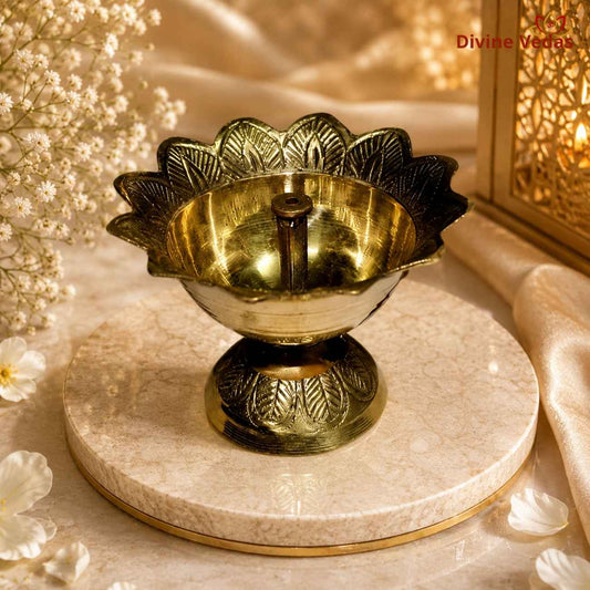 Brass Lotus Shape Devdas Diya | Traditional Brass Deepak for Pooja & Aarti | Divine Vedas