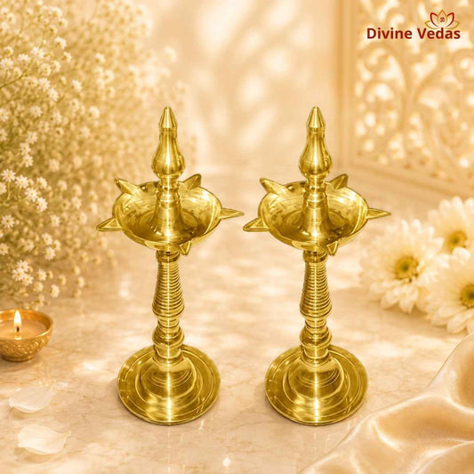 Brass Panch Aarti Samai Oil Lamp Set of 2 | Traditional Pooja Diya | Divine Vedas