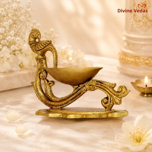 Brass Peacock Diya on Lotus | Decorative Pooja Oil Lamp | Divine Vedas