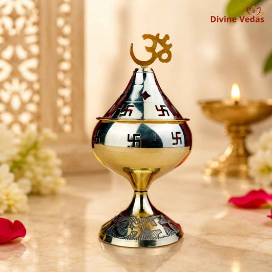 Brass Vilakku Swastik OM Amar Jyot Diya Oil Lamp for Pooja | Divine Vedas