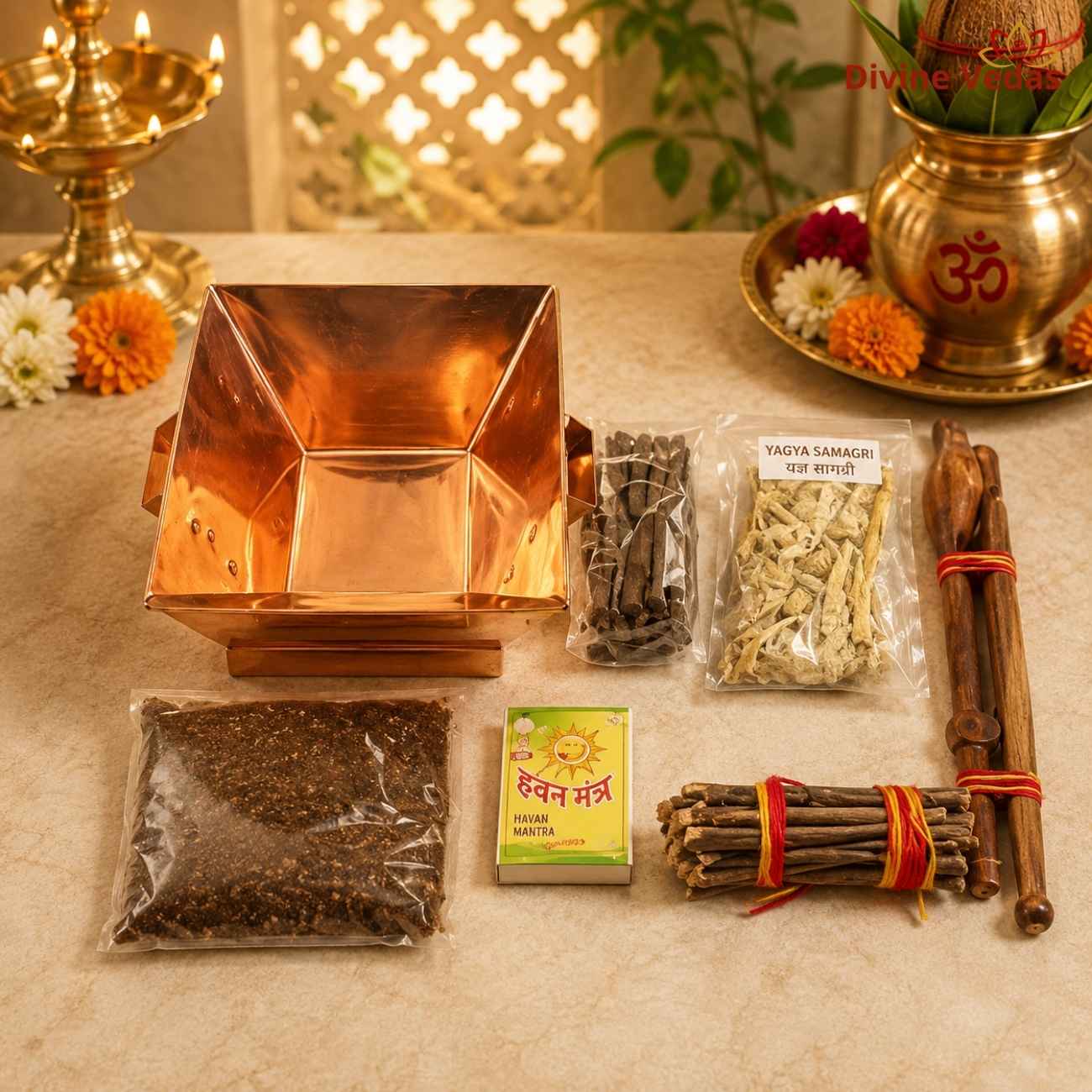 Copper Havan Kund with Complete Havan Kit | Hawan Kund Pooja Samagri Set | Divine Vedas