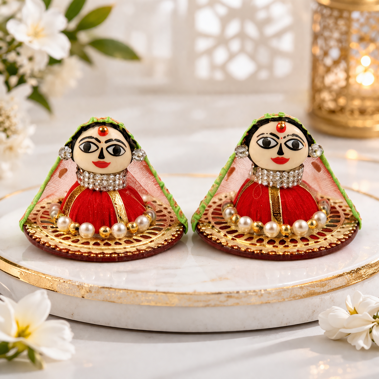 Designer Riddhi Siddhi Idol Pair with Pearl Detailing – Premium Ganesh Decor Set