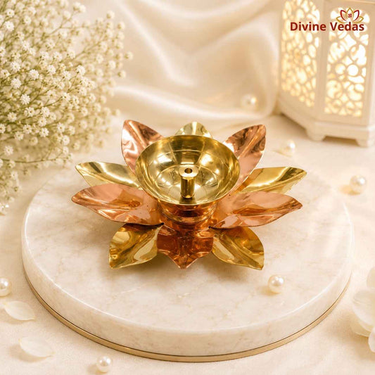 Elegant Lotus Shape Oil Lamp | Brass Copper Kamal Diya for Pooja & Diwali | Divine Vedas
