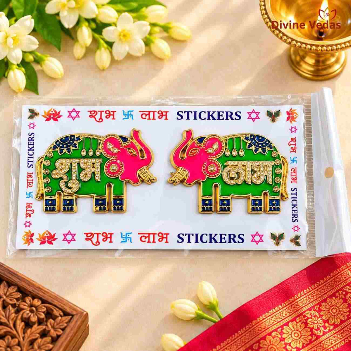 Elephant Shubh Labh Door Sticker Set | Decorative Auspicious Sticker for Main Door, Home, Mandir & Shop – 2 Pcs