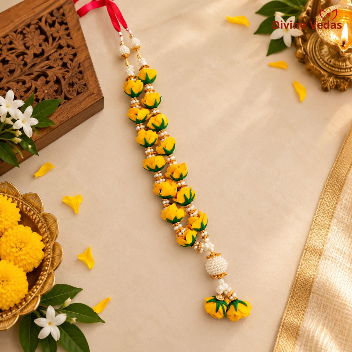Yellow Artificial Flower Garland for God Idols | Handmade Pooja Mala with Pearl Beads for Mandir, Deity Shringar & Festivals