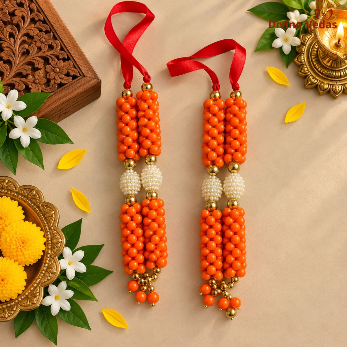 Orange Beads Moti Mala for God Idols | Decorative Flower Garland for Pooja, Mandir & Festivals