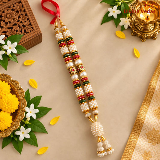 Premium Pearl Beads Garland for God Idols | Red Green White Moti Mala for Pooja & Mandir Decoration