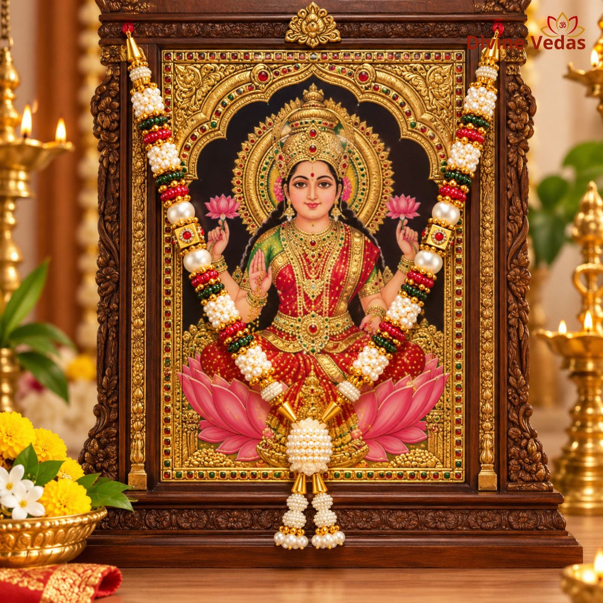 Premium Pearl Beads Garland for God Idols | Red Green White Moti Mala for Pooja & Mandir Decoration