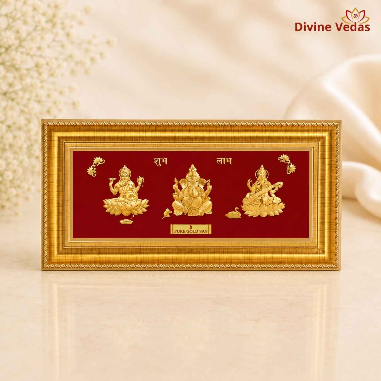 Ganesh Laxmi Saraswati Frame | 24K Pure Swiss Gold Touch | Divine Vedas