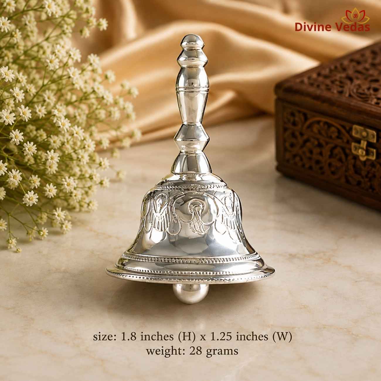 Silver Ghanti Hand Bell 28g | Chandi Pooja Bell for Mandir & Aarti | Divine Vedas