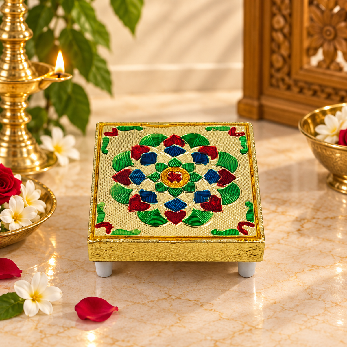Golden Meenakari Square Chowki for Puja & God Idol