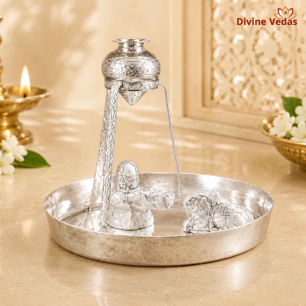 Howlite Shivling with Nandi & Silver Rudrabhishek Stand | Shiva Abhishek Set | Divine Vedas