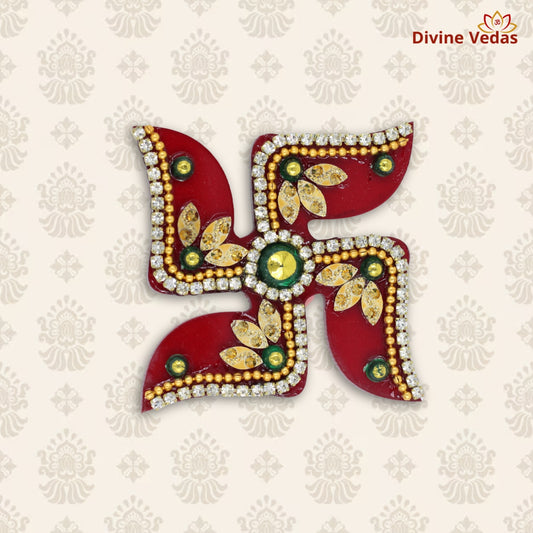 Jeweled Red Swastik Symbol with Stone Work for Door & Wall