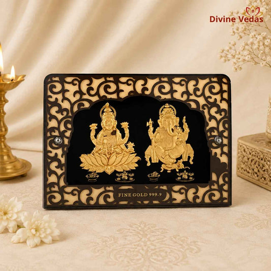 Lakshmi Ganesha Desktop Frame | 24K Pure Swiss Gold Touch Ganesh Laxmi Frame | Divine Vedas