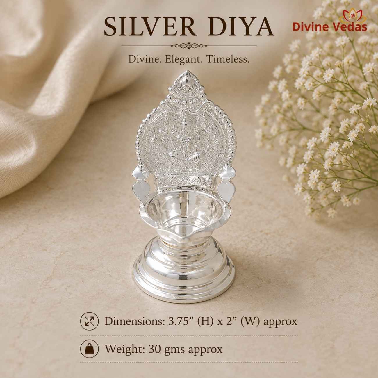 Lakshmi Oil Diya in Silver 30g | Chandi Lakshmi Deepak for Pooja | Divine Vedas