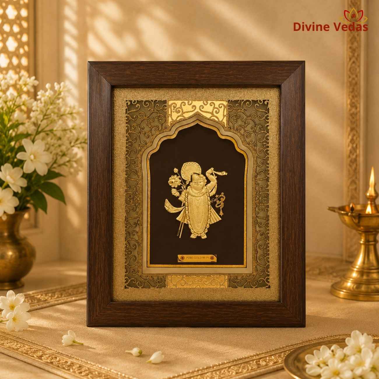 Lord Shrinathji Desktop Frame | 24K Pure Swiss Gold Touch Krishna Frame | Divine Vedas