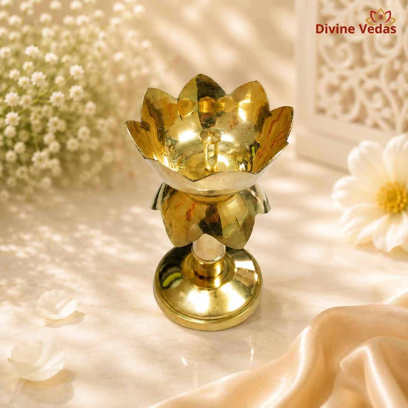 Lotus Shape Traditional Brass Diya | Kamal Deepak for Pooja & Diwali | Divine Vedas