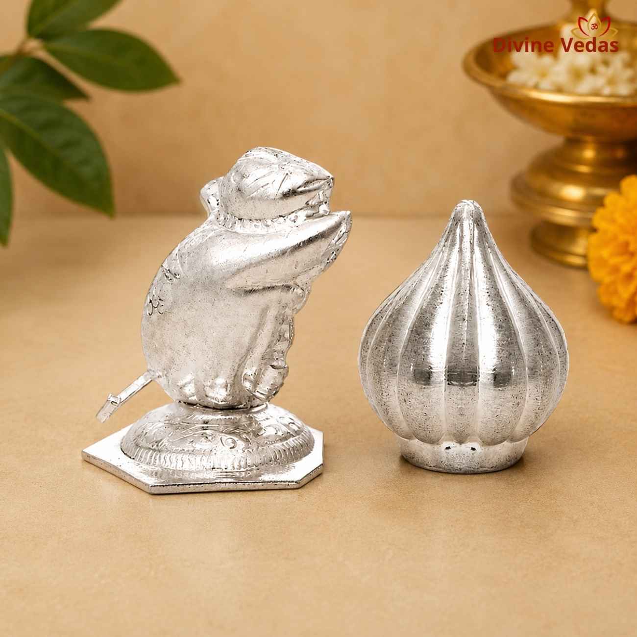 Modak with Mushakraj in Silver 20g | Ganesh Pooja Silver Idol | Divine Vedas