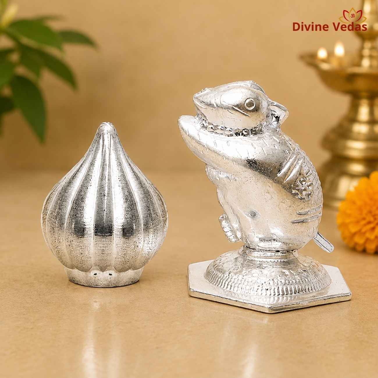 Modak with Mushakraj in Silver 20g | Ganesh Pooja Silver Idol | Divine Vedas