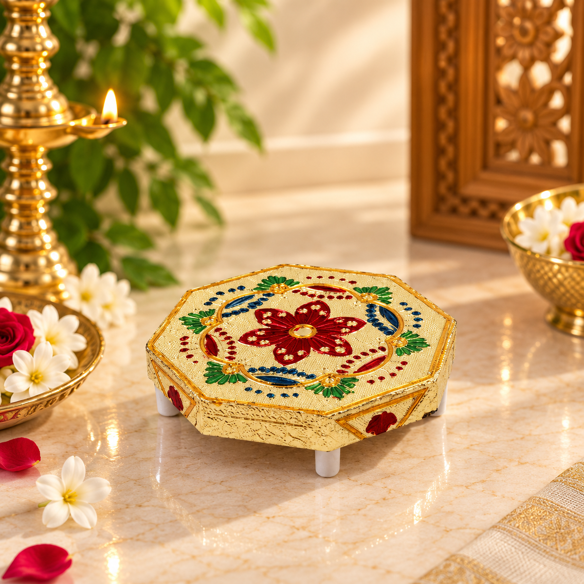 Octagonal Golden Meenakari Chowki with Beautiful Design for Puja