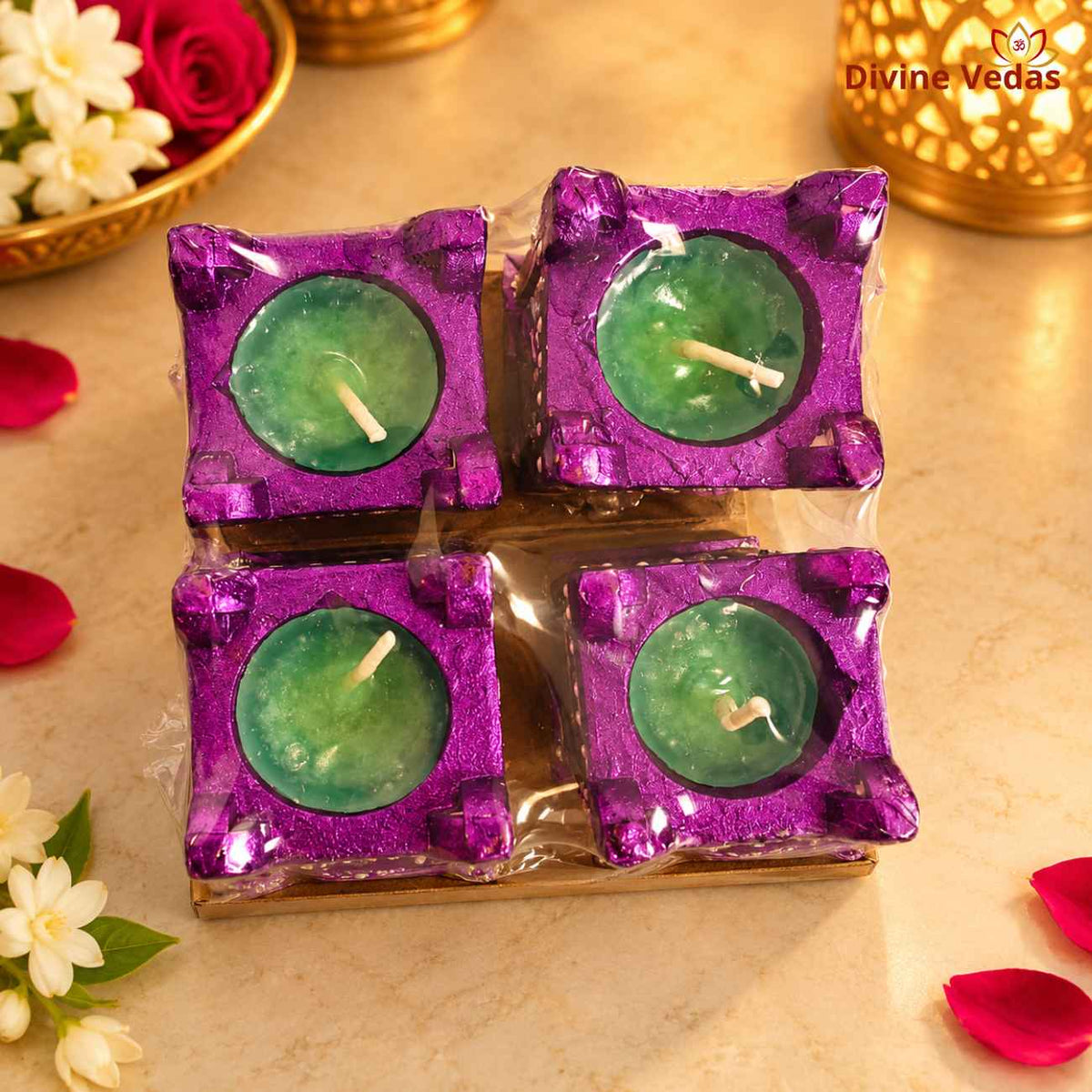 Small Tulsi Kyara Wax Diya Set – Decorative Square Diya for Diwali & Pooja | Pack of 4