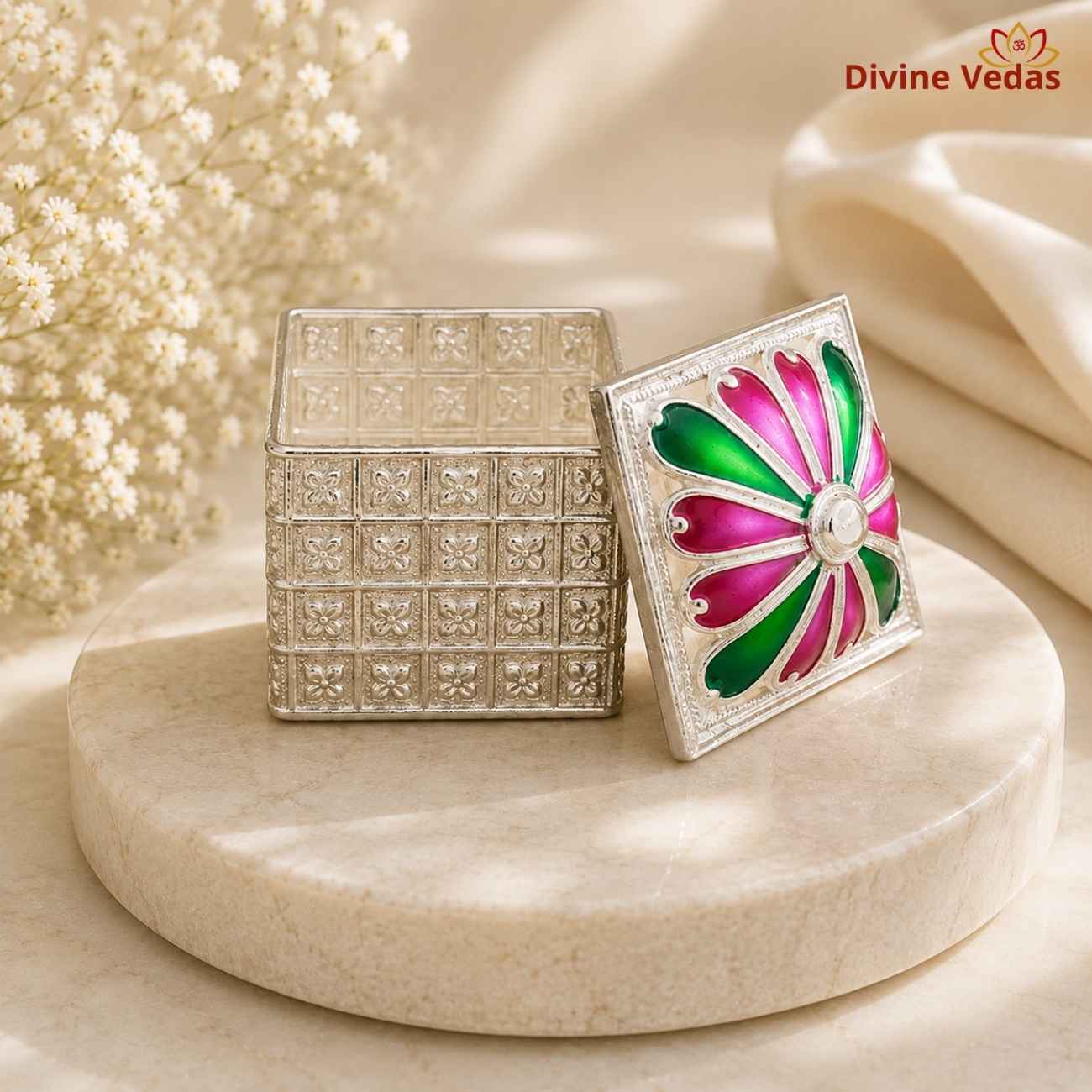 Pure Silver Flower Shape Meenakari Sindoor Kumkum Dibbi | Chandi Kumkum Box | Divine Vedas