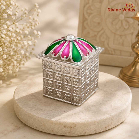 Pure Silver Flower Shape Meenakari Sindoor Kumkum Dibbi | Chandi Kumkum Box | Divine Vedas