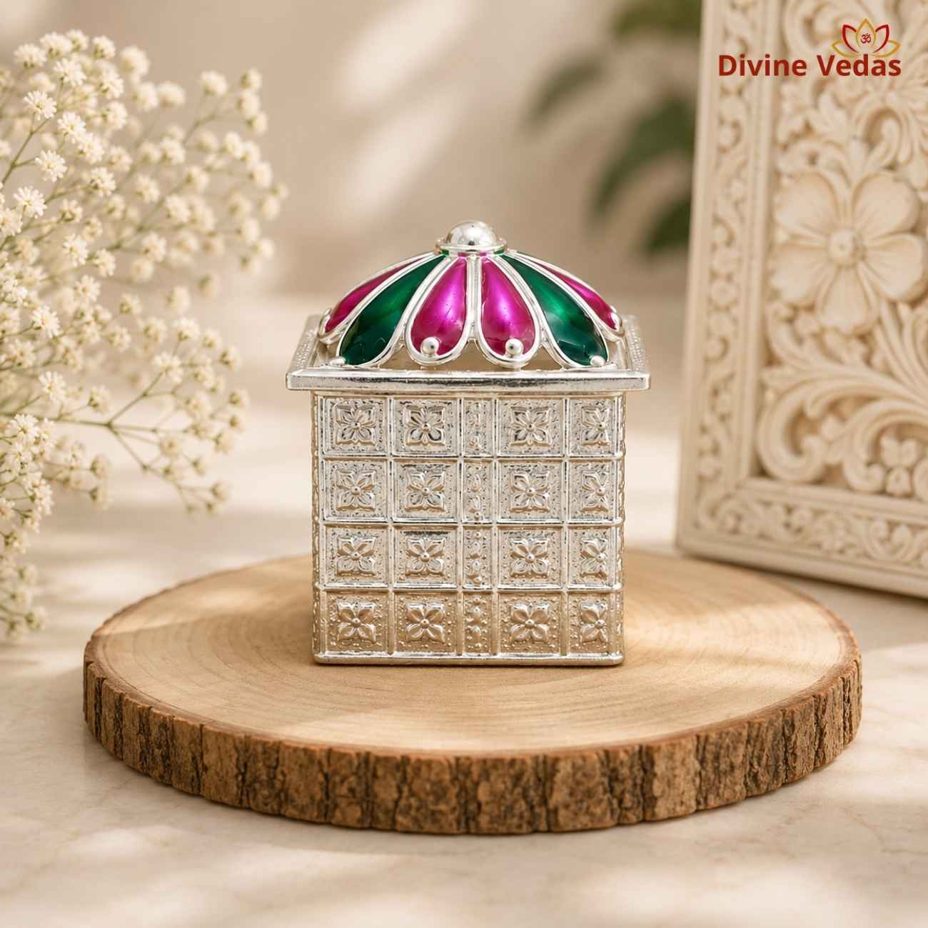 Pure Silver Flower Shape Meenakari Sindoor Kumkum Dibbi | Chandi Kumkum Box | Divine Vedas