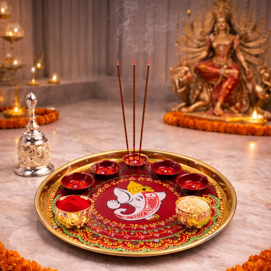 Red and Gold Ganesha Painted Steel Platter