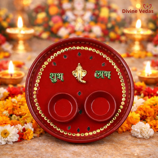 Red and Golden Ganesha Shubh Labh Small Platter