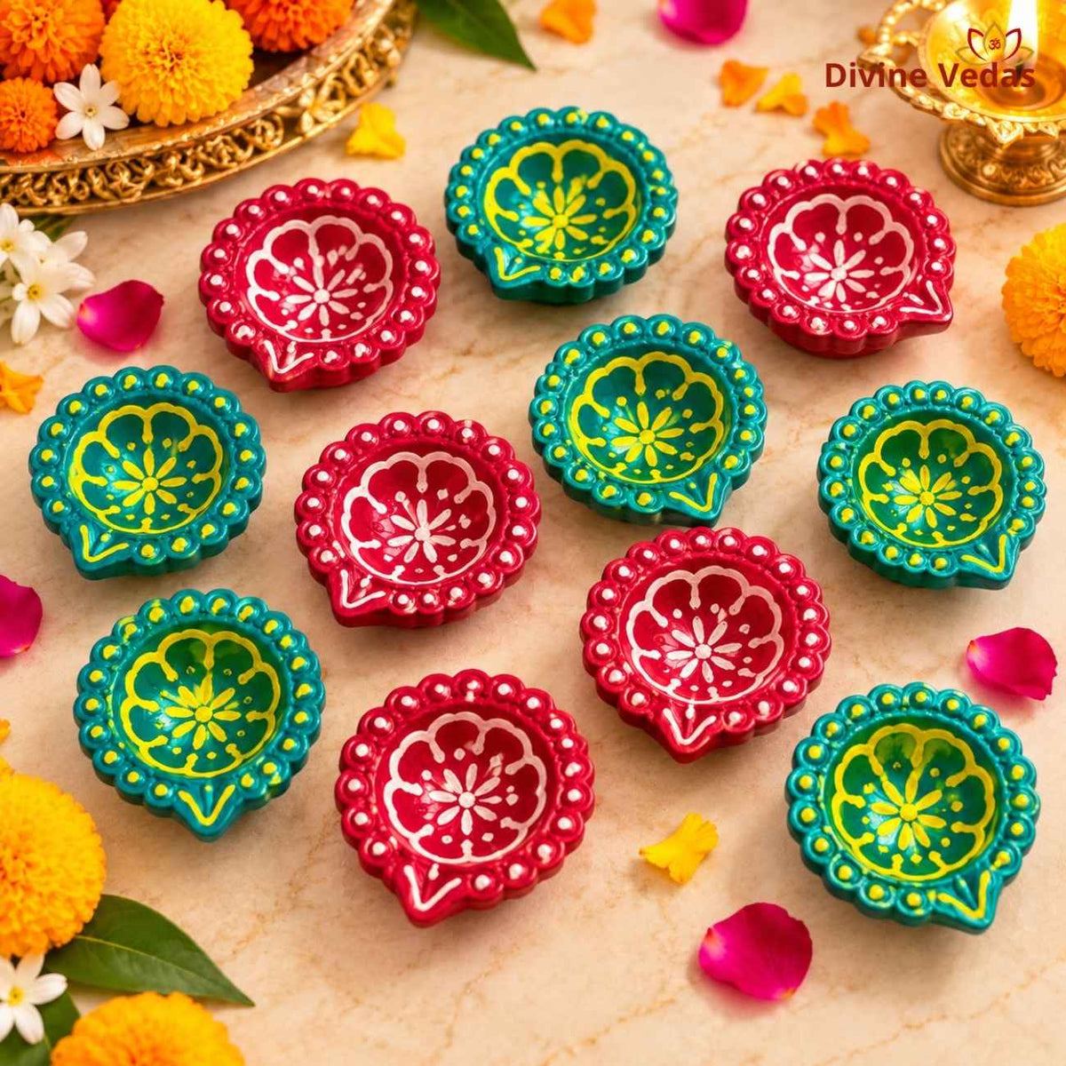 Round Floral Decorative Diya Set – Hand Painted Multicolor Diyas for Diwali, Pooja & Rangoli