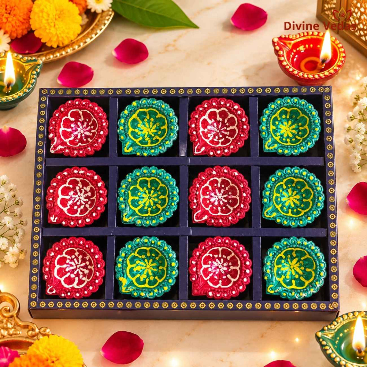 Round Floral Decorative Diya Set – Hand Painted Multicolor Diyas for Diwali, Pooja & Rangoli