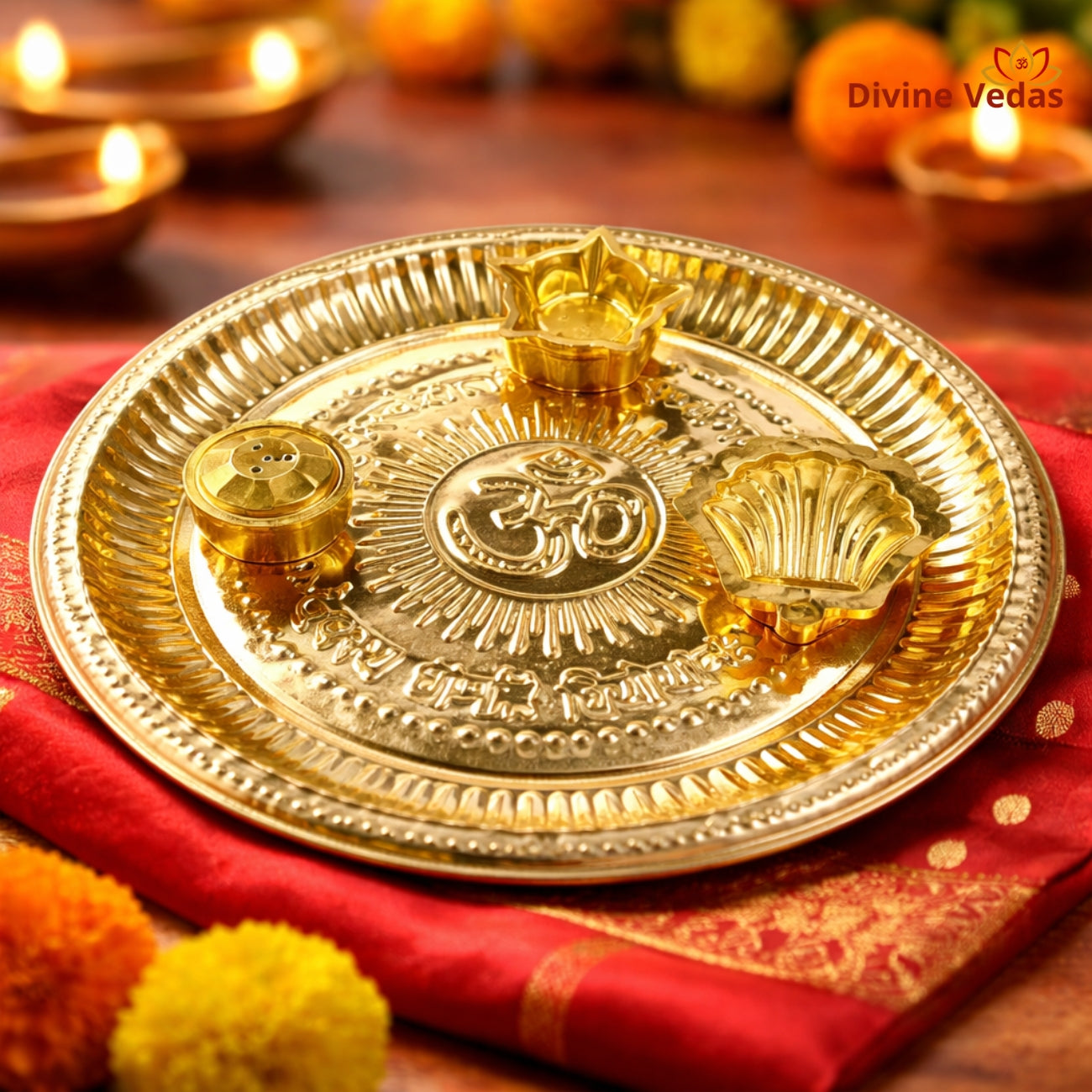 Round Brass Puja Thali Set