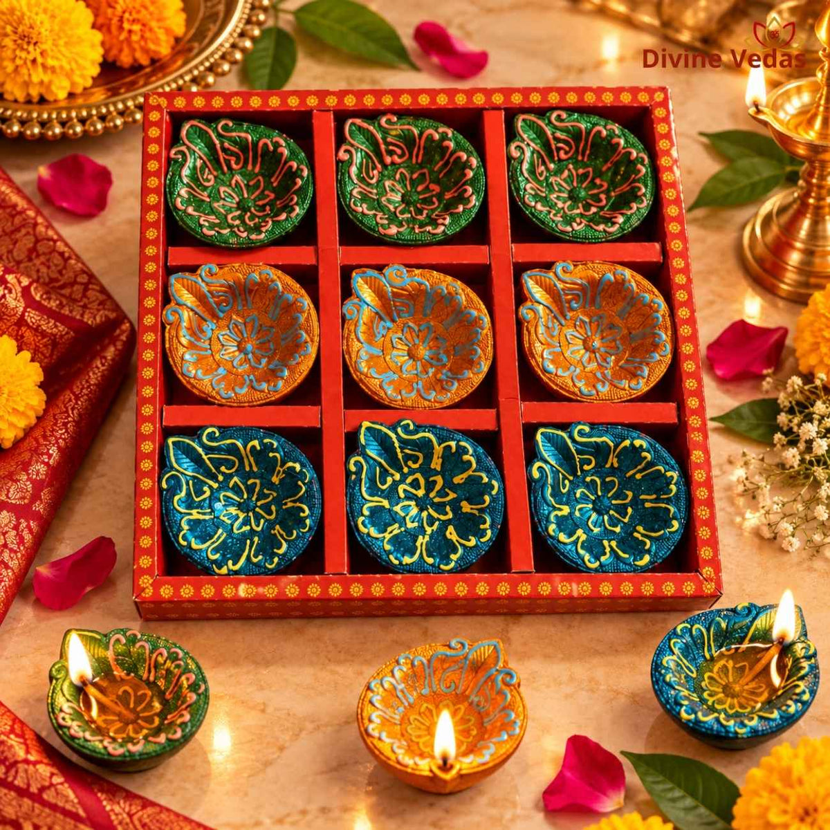 Hand Painted Leaf Shape Decorative Diya Set – Multicolor Designer Diyas for Diwali, Pooja & Rangoli – 9 Pcs