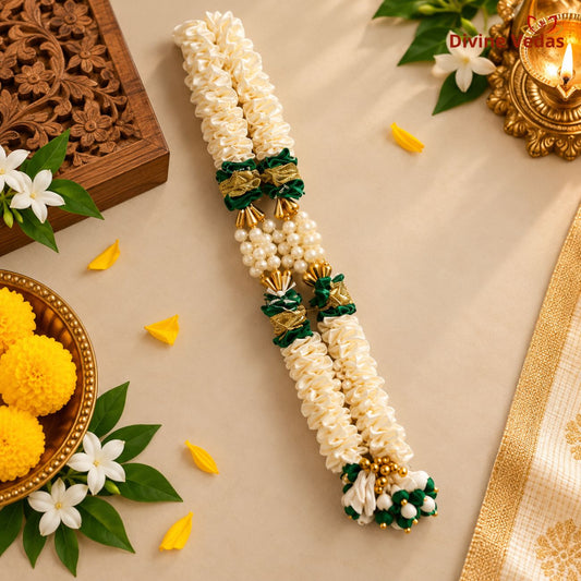 Satin Cloth Fancy Mala for Photo Frame | White & Green Decorative Garland with Pearl Beads for God Photos, Home Mandir & Pooja