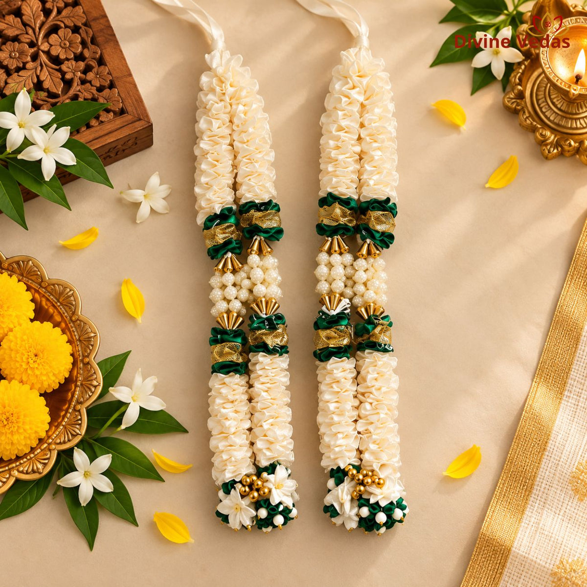 Satin Cloth Fancy Mala for Photo Frame | White & Green Decorative Garland with Pearl Beads for God Photos, Home Mandir & Pooja
