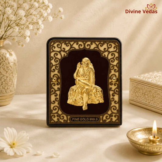 Shirdiwale Sai Baba Desktop Frame | 24K Pure Swiss Gold Touch Sai Frame | Divine Vedas