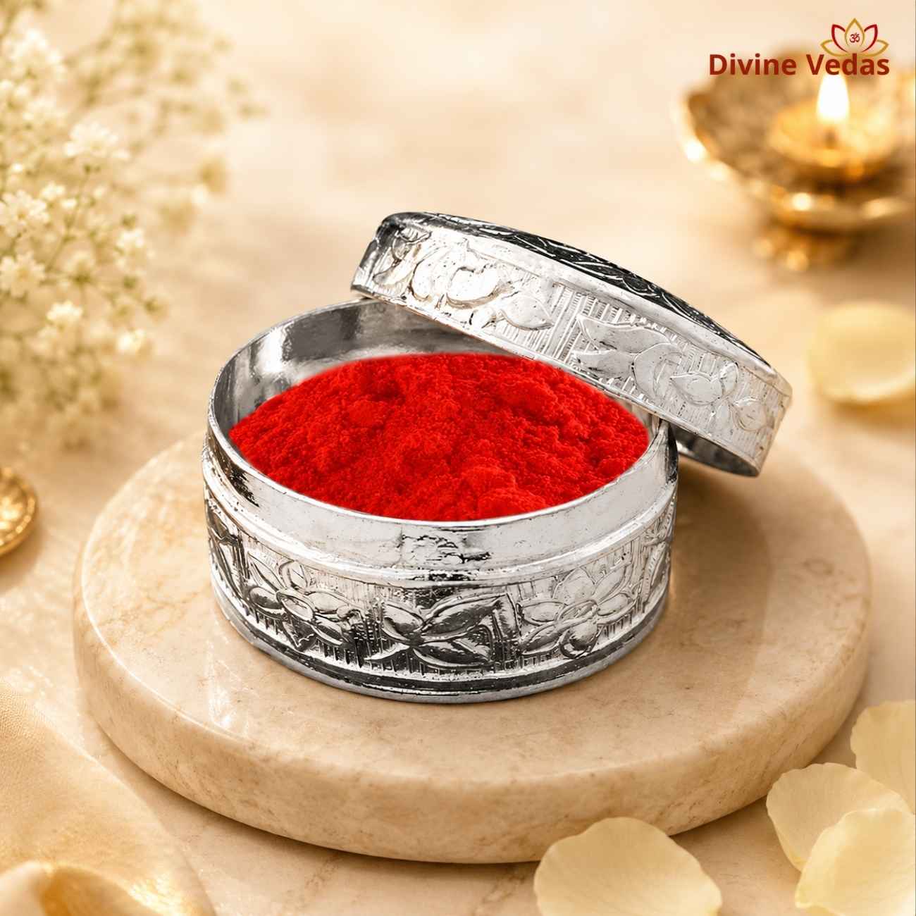 Silver Kumkum Dibbi 12g | Chandi Kumkum Box for Pooja & Tilak | Divine Vedas