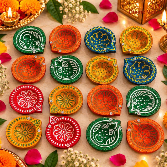 Hand Painted Decorative Diya Set – Multicolor Designer Diyas for Diwali, Pooja & Rangoli