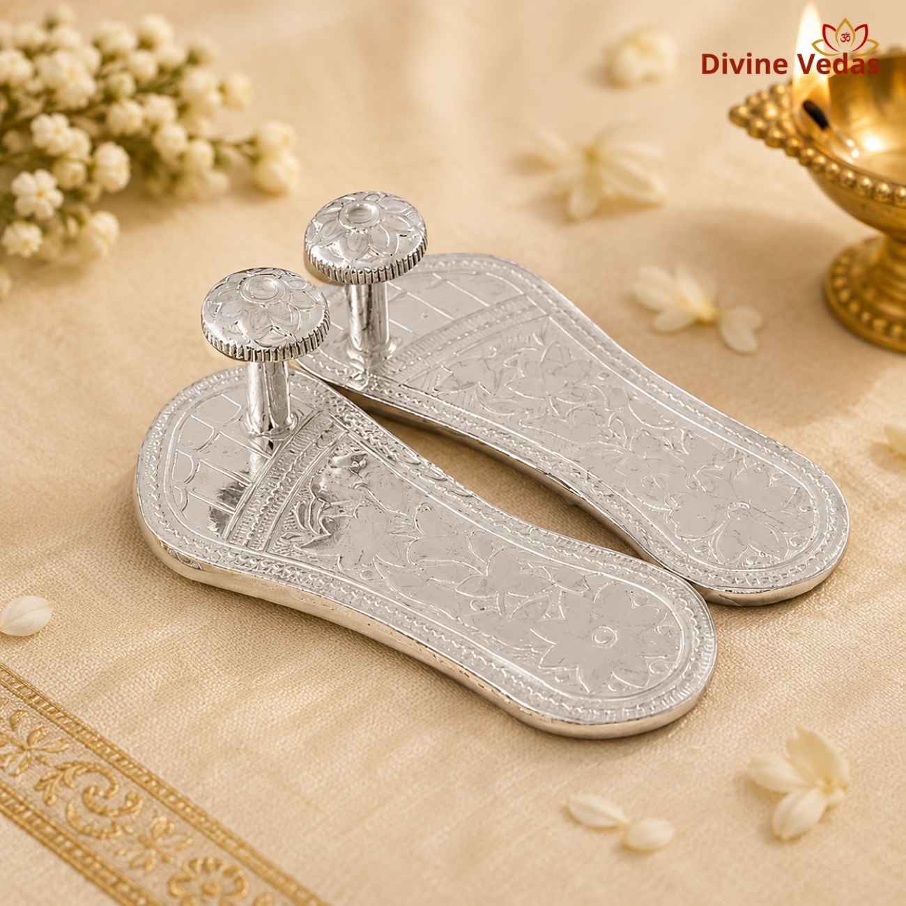 Small Lakshmi Charan Paduka in Silver 14g | Chandi Laxmi Charan for Pooja | Divine Vedas